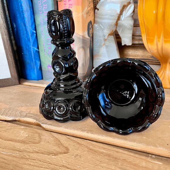 L.E. Smith Mould Weishar Glass Set of 2 Candlestick Holders - Moon & Star Patter - Picture 2 of 6